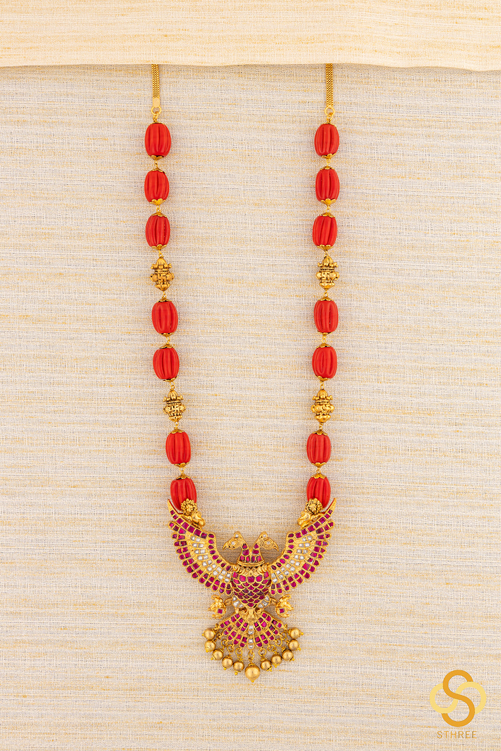 Gandaberunda Pendant with Coral and Gold Ball Set