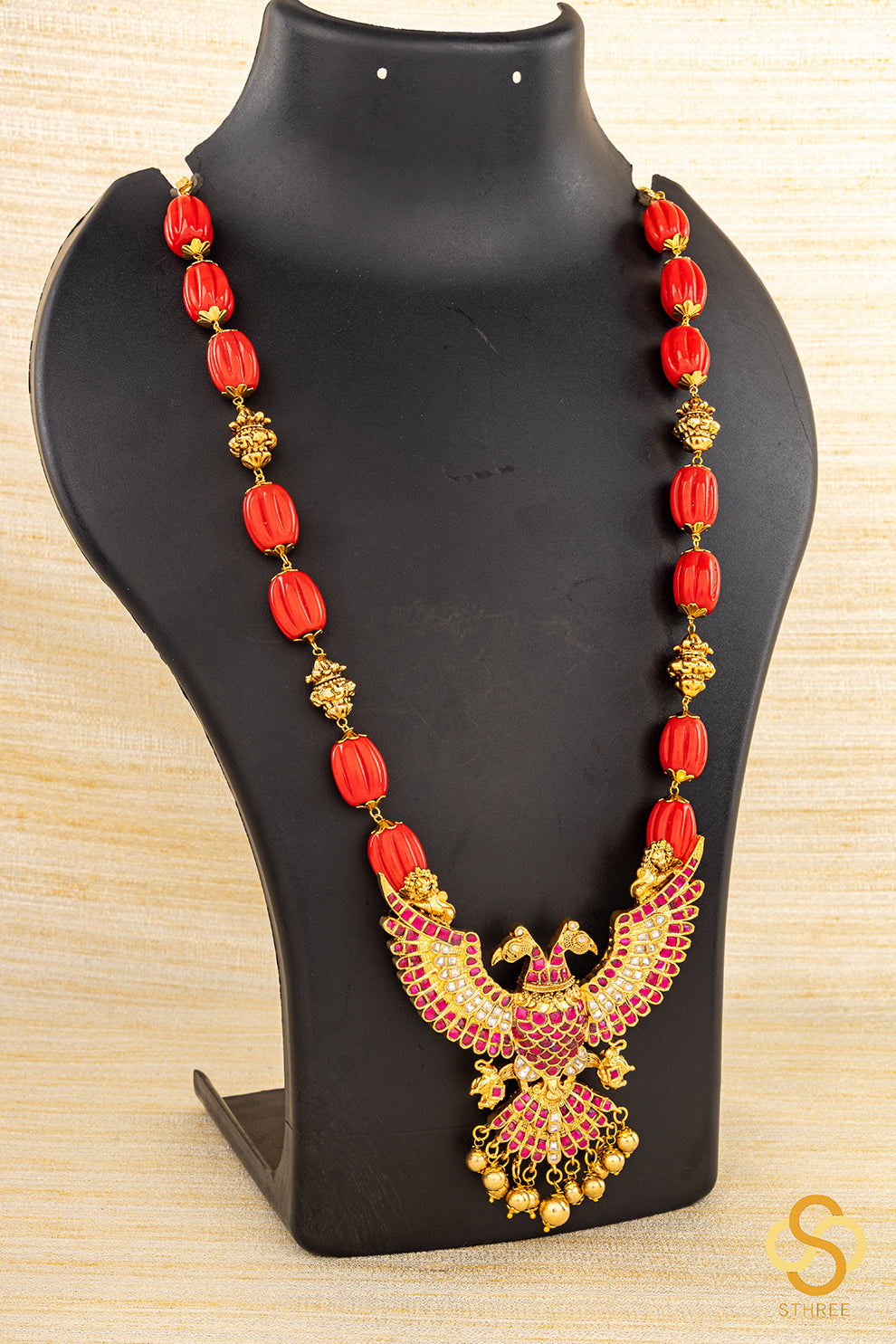Gandaberunda Pendant with Coral and Gold Ball Set
