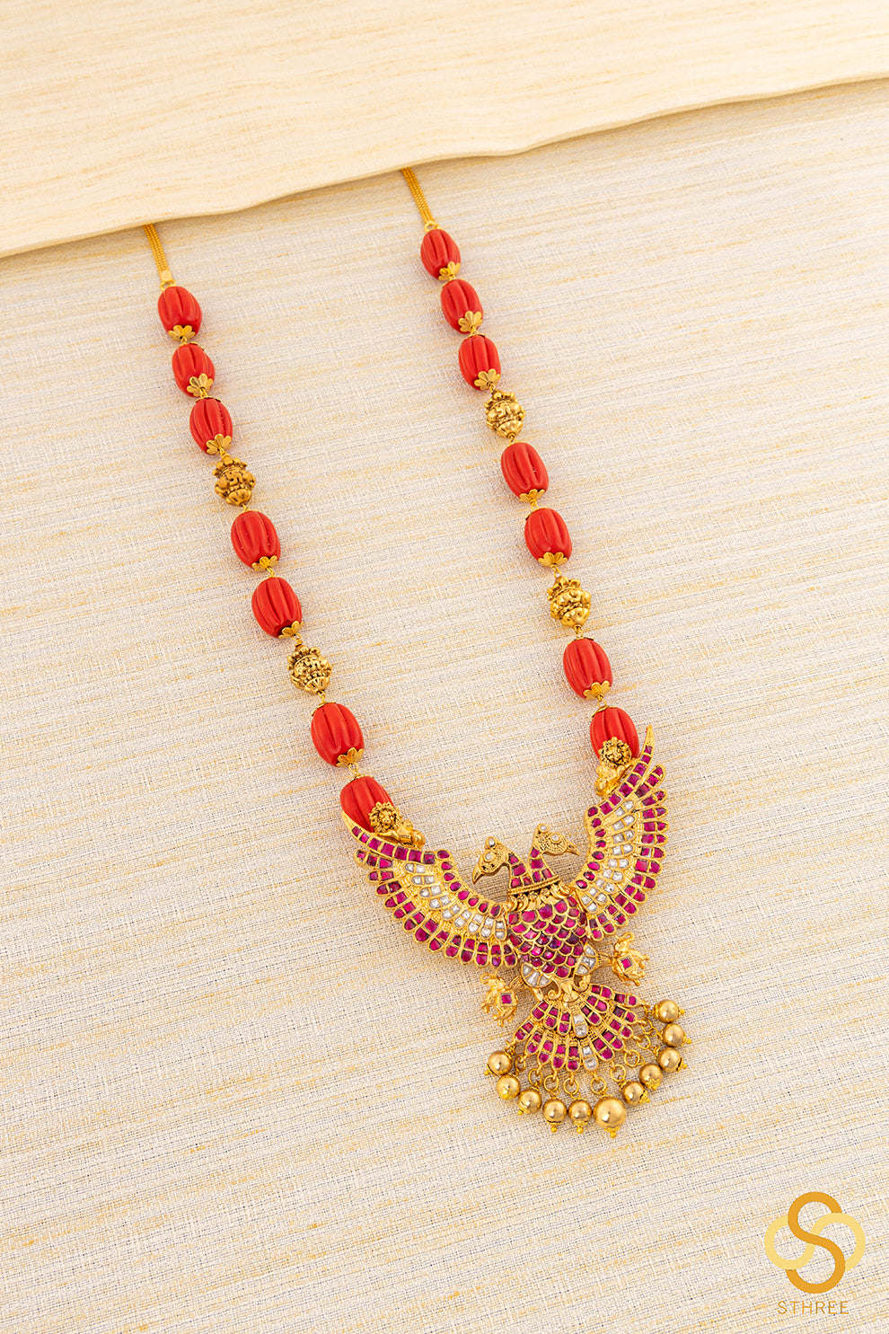 Gandaberunda Pendant with Coral and Gold Ball Set