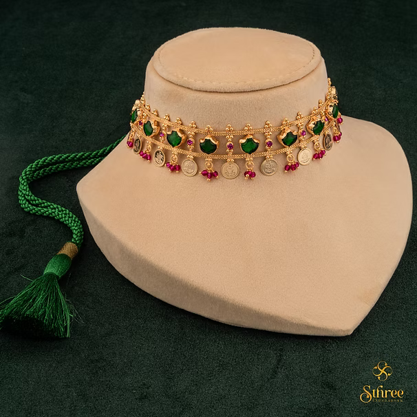 Keralam choker with Lakshmi coins - Emerald Green
