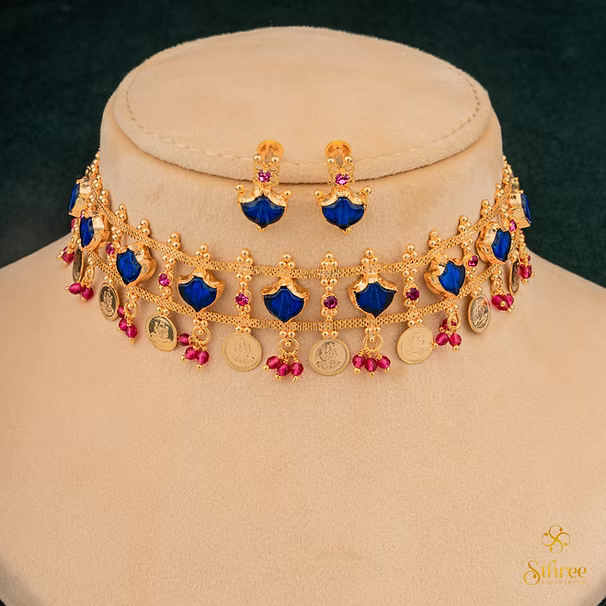 Keralam choker with Lakshmi coins - Sapphire Blue