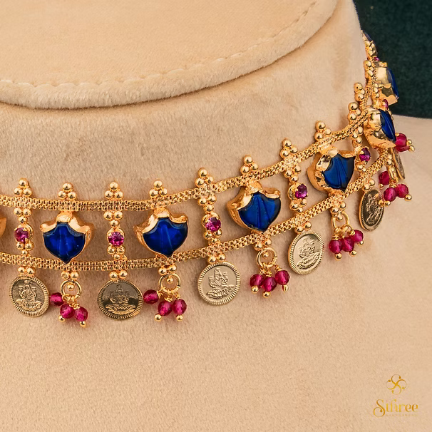 Keralam choker with Lakshmi coins - Sapphire Blue