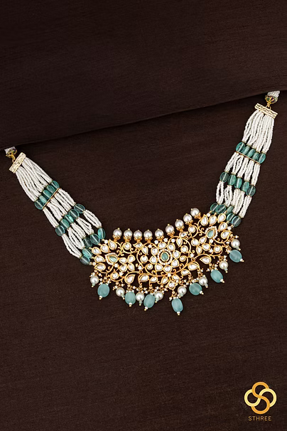 Kundan Stone Choker with Pearls - Turquoise