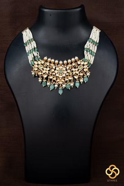 Kundan Stone Choker with Pearls - Turquoise