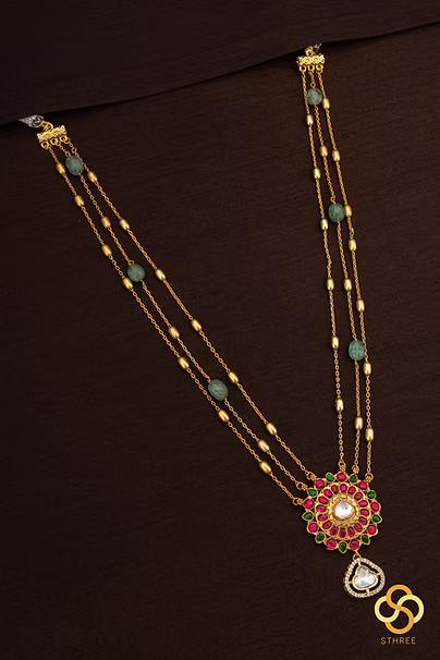 Layered Kundan necklace - Ruby red and Emerald green
