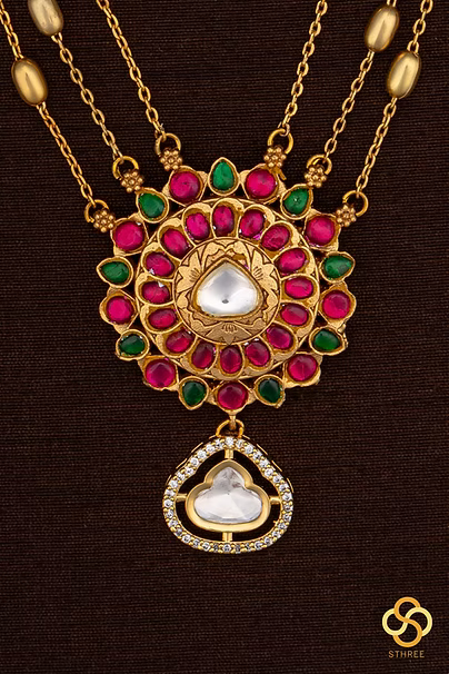Layered Kundan necklace - Ruby red and Emerald green