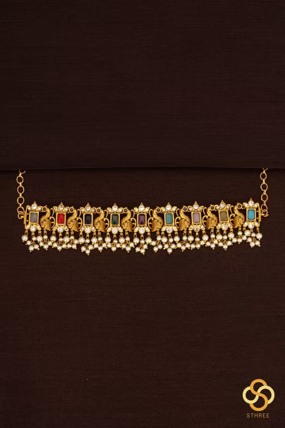 Navarathna choker set - Pearls hangings