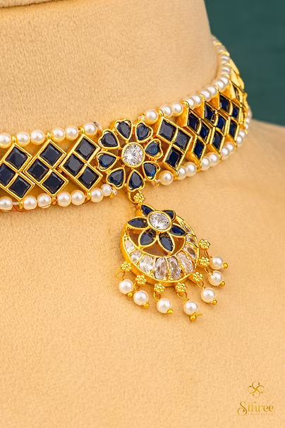 Traditional Kemp Choker - Sapphire Blue with Pearls