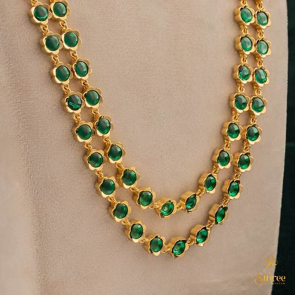Two liner Palakkad Necklace - Emerald green