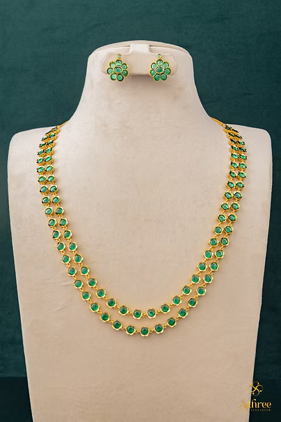 Two liner Palakkad Necklace - Emerald green