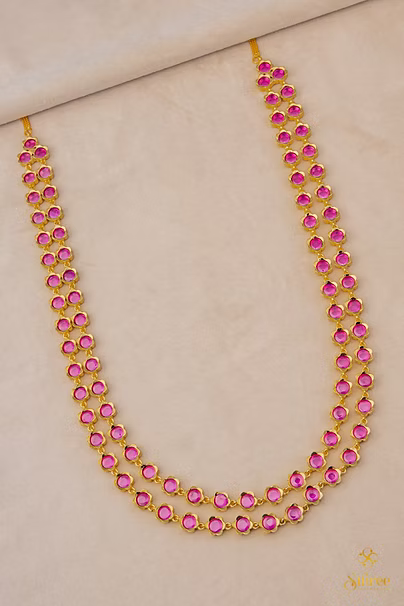 Two liner Palakkad Necklace - Ruby red