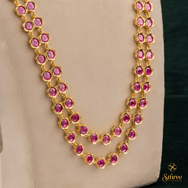 Two liner Palakkad Necklace - Ruby red