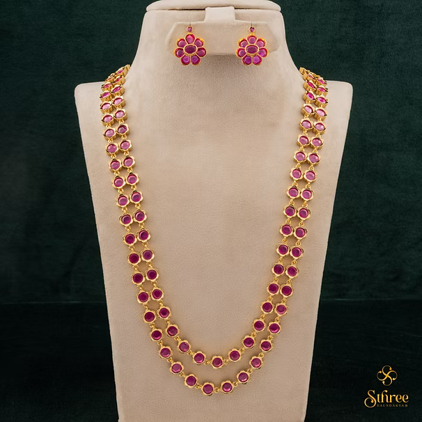 Two liner Palakkad Necklace - Ruby red
