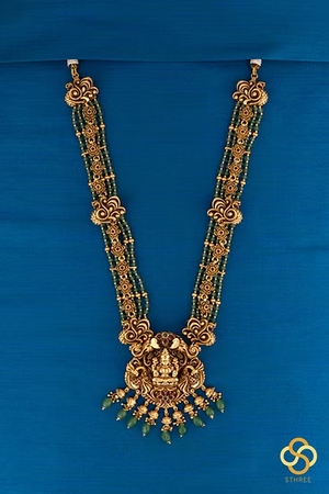 Lakshmi Haram  - Antique Finish Gold with Green Beads