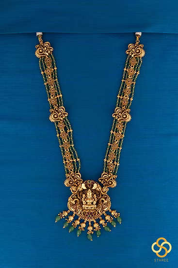 Lakshmi Haram  - Antique Finish Gold with Green Beads