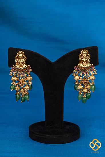 Lakshmi Haram  - Antique Finish Gold with Green Beads