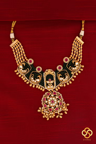 Emerald Green (7 Liner) with Jadau Kundan Pendant - Red Mogappu