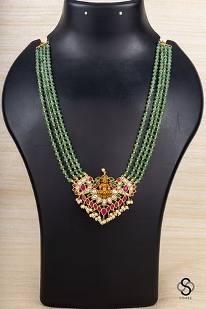 Lakshmi Kundan Set in Green Beads - Ruby red