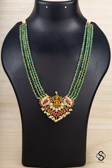 Lakshmi Kundan Set in Green Beads - Ruby red