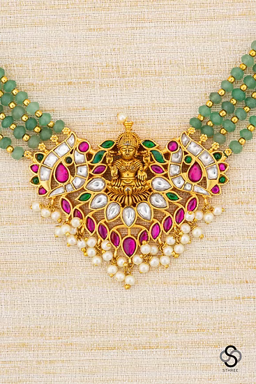 Lakshmi Kundan Set in Green Beads - Ruby red