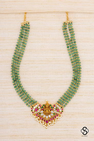 Lakshmi Kundan Set in Green Beads - Ruby red