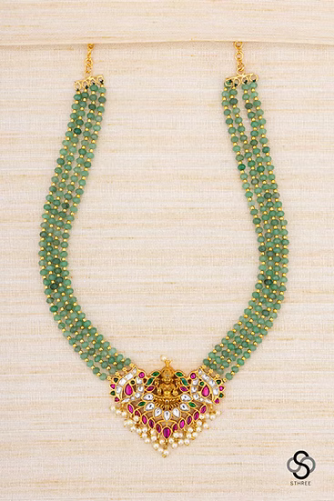 Lakshmi Kundan Set in Green Beads - Ruby red