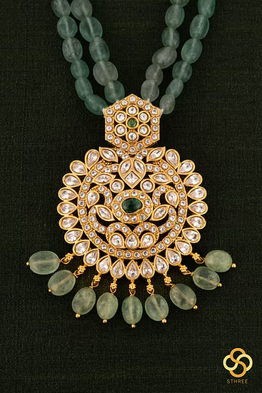 Kundan Pendant with Two Liner Green Beads