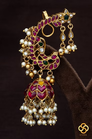 925 Silver - Peacock Earcuff Jhumkas - Single Line - Kemp red