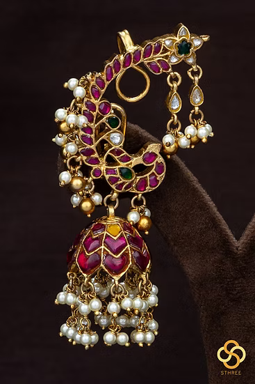 925 Silver - Peacock Earcuff Jhumkas - Single Line - Kemp red