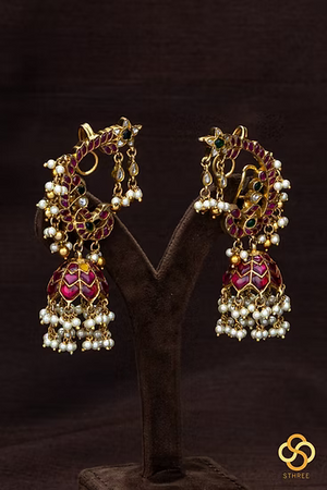 925 Silver - Peacock Earcuff Jhumkas - Single Line - Kemp red