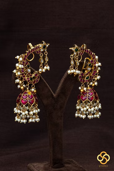925 Silver - Peacock Earcuff Jhumkas - Single Line - Kemp red