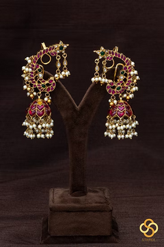 925 Silver - Peacock Earcuff Jhumkas - Single Line - Kemp red