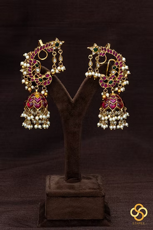 925 Silver - Peacock Earcuff Jhumkas - Single Line - Kemp red