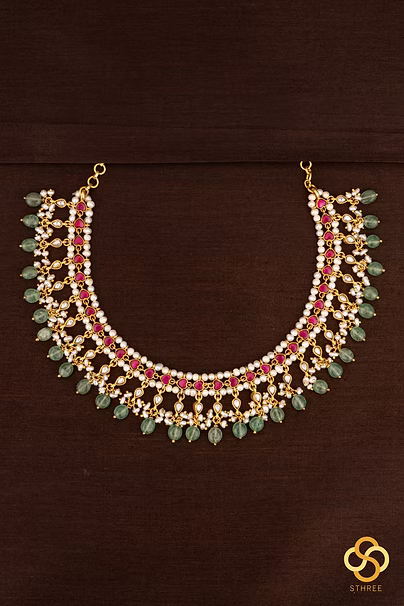 925 Silver - Pearls with Kemp Red Stone Necklace