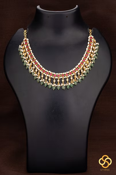 925 Silver - Pearls with Kemp Red Stone Necklace