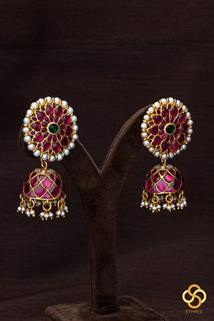 925 Silver Kemp Red and Pearl Jhumkas