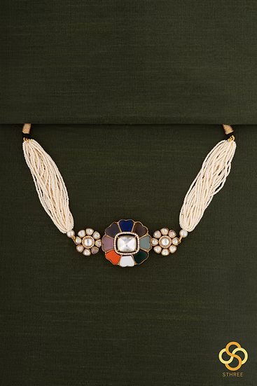 Navarathna and Kundan Pendant with a Bunch of Pearls