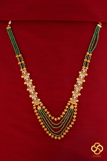 Pearls and Green Beads with Kundan - Long Necklace
