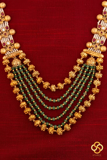 Pearls and Green Beads with Kundan - Long Necklace