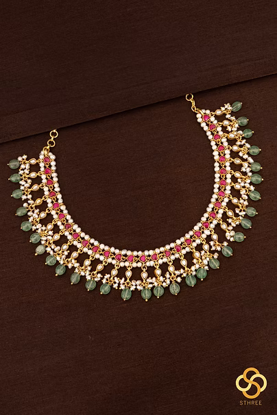 925 Silver - Pearls with Kemp Red Stone Necklace