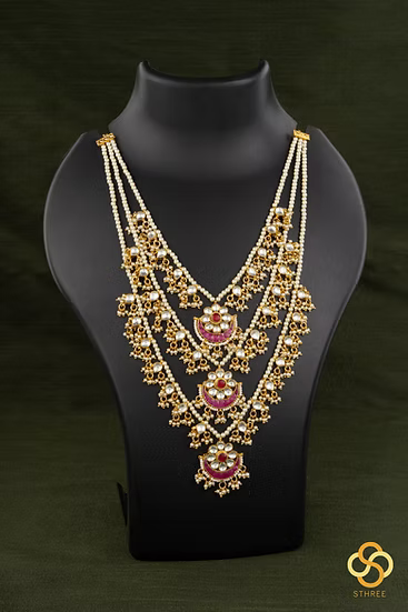 Teen Lada - Kundan and Pearls - White and Red Kundan